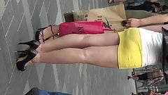 Black Stilettos Short Yellow Skirt Chinese model candid