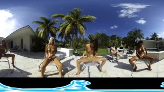 Lesbian Virtual Reality Show, squirting outdoors by the pool